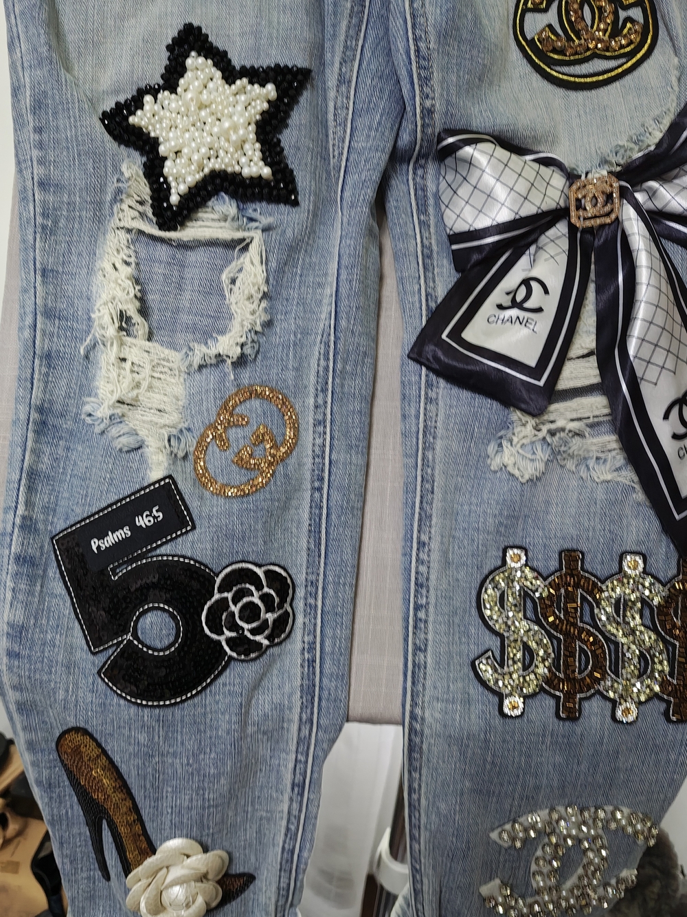 Women’s Light Blue Distressed Drama Jeans, with Chanel & Guccui Embellished - Picture 2 of 7